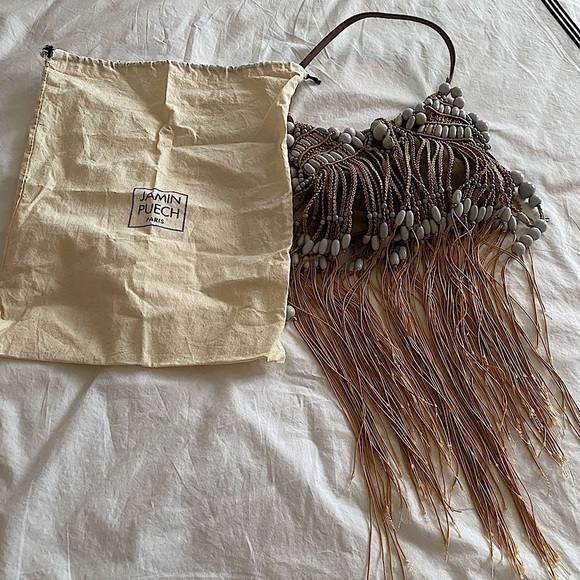 Jamin Puech- Tan Fringe mini Purse with Blue Beading - Picture 1 of 10